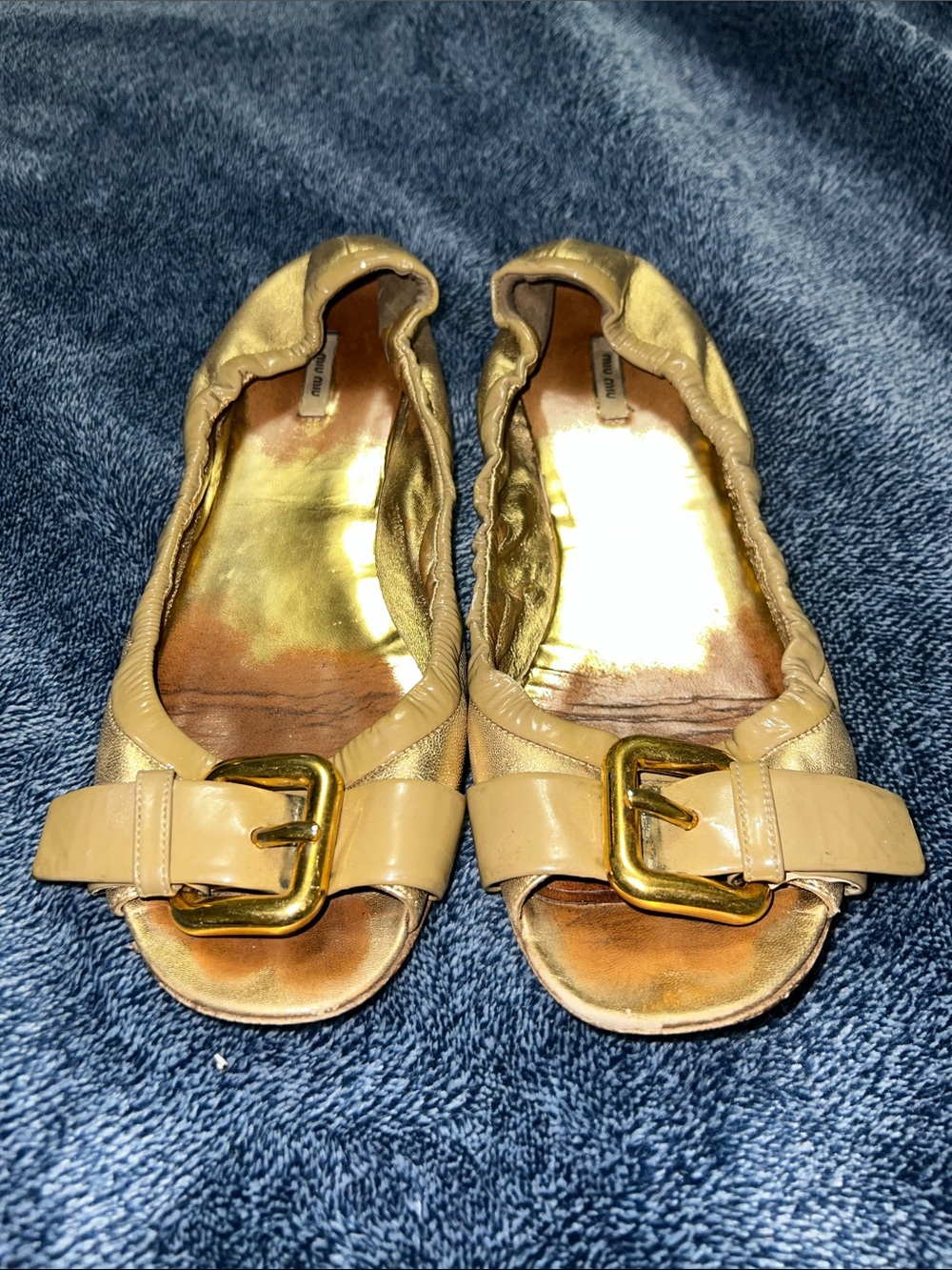 Miu Miu Women's Gold Peep-Toe Flats with Gold Buckle